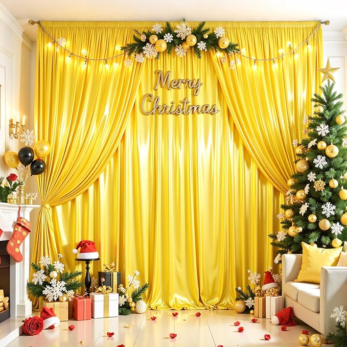 10x10ft Yellow Gold Glitter Backdrop Curtain for Parties, Wrinkle Free Satin Photo Backdrop Drapes 2 Panels 5x10FT Shimmer Back Drop Cloth for Wedding Birthday Stage Photography Background
