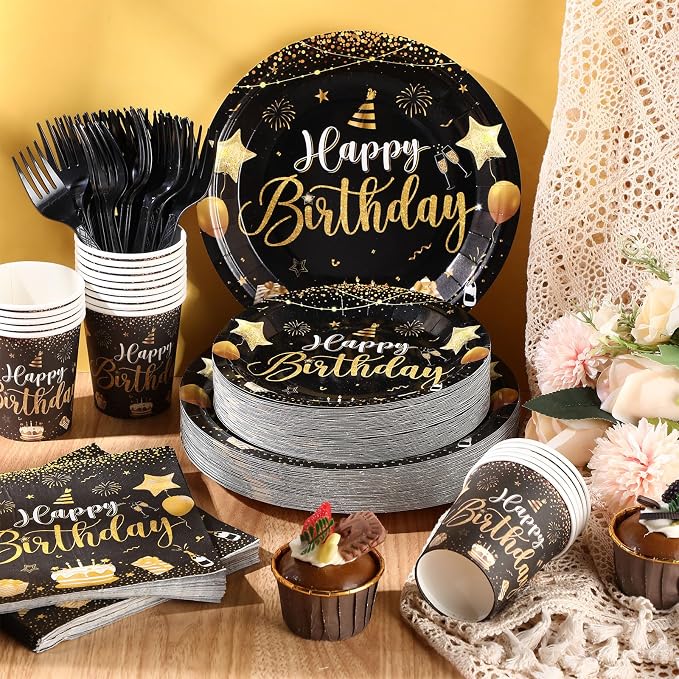 Vesici 350 Pcs Happy Birthday Party Supplies Disposable Party Tableware Set Serves 50 Included Plates Napkins Cups Cutlery for Men Woman 50th 80th Birthday Party Decorations (Black Gold)