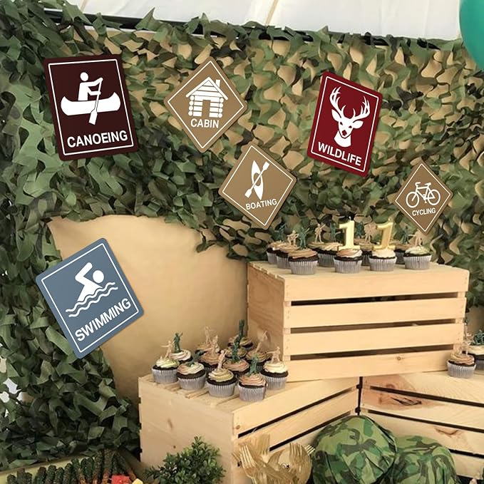 Bucherry Camping Party Backdrop Decoration Set 10 x 13 ft Camo Netting with 9 Camping Sign Cutouts Happy Camper Birthday Party Supplies Outdoor Adventure Photo Booth Wall Decor for Camp Theme Activity
