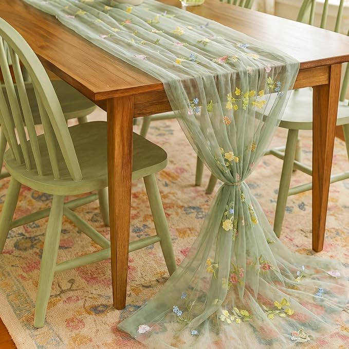 Lounsweer Sage Green Wildflower Table Runner 10ft Embroidery Tulle Spring Floral Table Runner Seasonal Summer Butterfly Kitchen Dining Gauze Decoration for Wedding Baby Shower Birthday Party