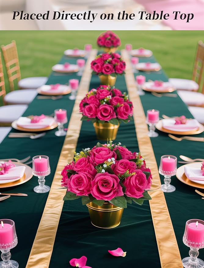 BLOSMON Hot Pink Flowers Artificial: 2 Pcs Fake Rose Balls Centerpieces | Faux Silk Kissing Bouquet Floral Arrangement for Home Wedding Party Event Table Decoration