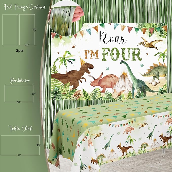 Dinosaur 4th Birthday Party Decorations, Roar I Am 4th Dinosaur Birthday Decoration, 4 Rex Party Supplies with Backdrop Tablecloth Fringe Curtain Balloon Arch Cake Topper Birthday Banner