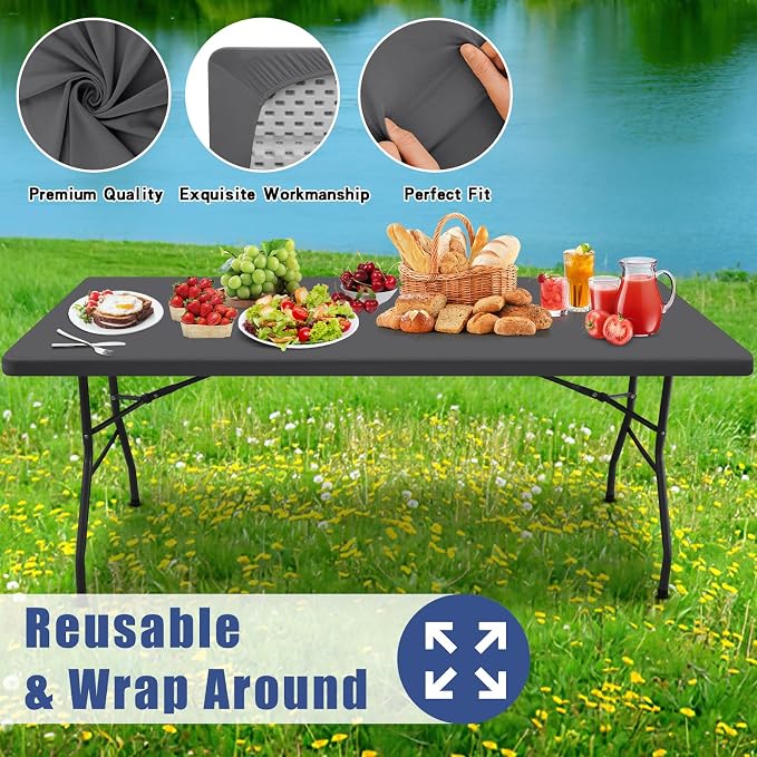 Moosfor Spandex 4 Foot Rectangle Table Cloth 6 Pack, Elastic Fitted Tablecloths for Picnic, Stretch Washable Patio Table Cover for Outdoor, Camping, Banquet and Parties (Dark Grey, 30"x48")