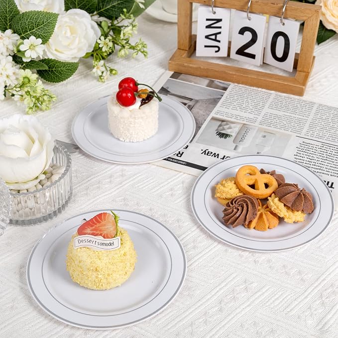 bUCLA 200PCS Silver Plastic Plates - 6.25inch White with Silver Trim Disposable Salad/Dessert/Appetizer/Small Cake Plates - Ideal for Wedding & Party
