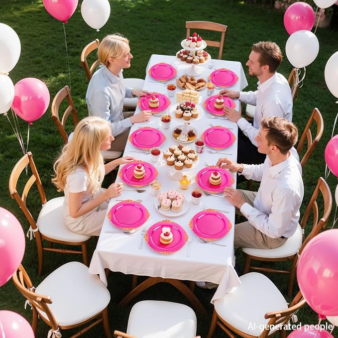 102PCS Clear Hot Pink Plastic Plates - Pink Disposable Plate with Gold Rim - Hot Pink Party Plates Include 51PCS 7.5inch Dessert & 10.25inch Dinner Plate for Wedding Birthday Party