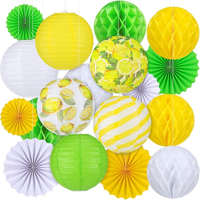 Retisee 18 Pcs Lemon Party Decorations Kit Yellow Paper Lanterns Hanging Decoration Paper Fans Hanging Honeycomb Ball for Lemon Theme Party Supplies Wedding Baby Shower Decor