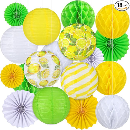 Retisee 18 Pcs Lemon Party Decorations Kit Yellow Paper Lanterns Hanging Decoration Paper Fans Hanging Honeycomb Ball for Lemon Theme Party Supplies Wedding Baby Shower Decor