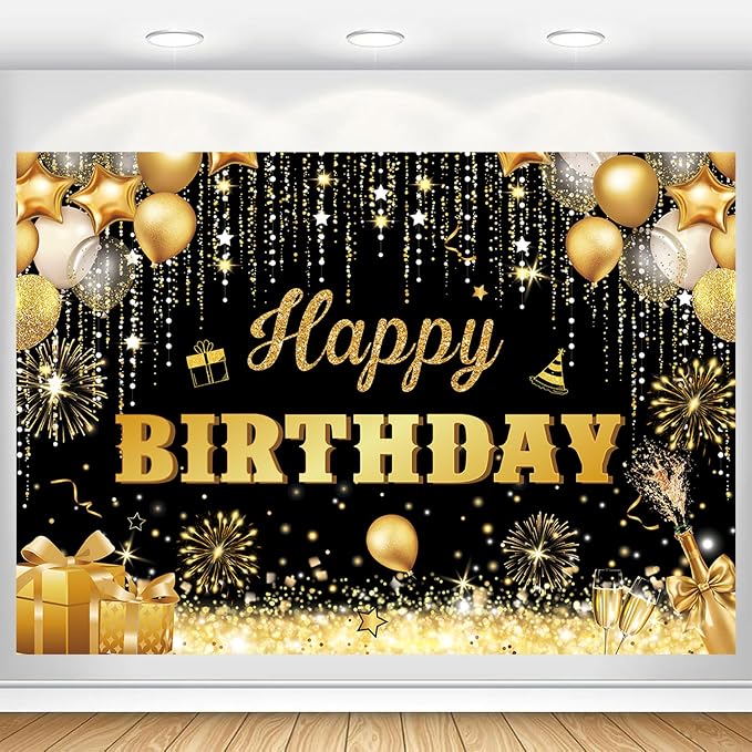 Happy Birthday Backdrop Banner for Men Black and Gold Glitter Birthday Party Decorations Background for Women Boys Girls Adults Polyester Fabric 10x8ft