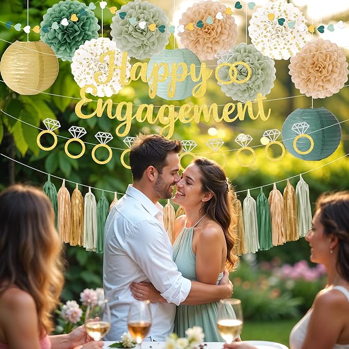 Kriyokiaa Engagement Party Decorations Sage Green Engaged Decorations with Gold Happy Engagement Banner, Includes Paper Pom Poms Paper Lanterns, Tassels for Couple Bridal Shower Decor