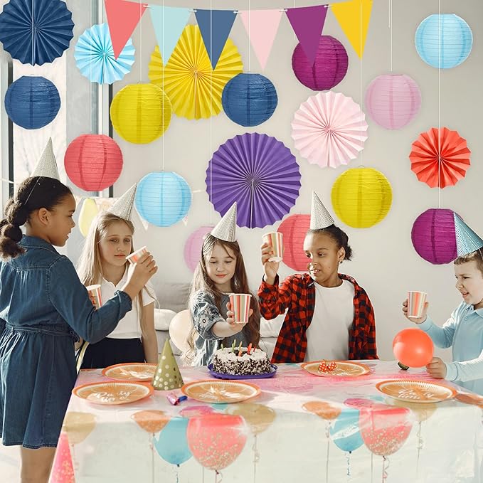 21Pcs Morandi Classroom Decor Morandi Hanging Paper Lanterns Paper Fans Triangle Flags Banners Set Round Lantern for Back to School Ceiling Supplies Home Indoor Birthday Party Ceremonial Event