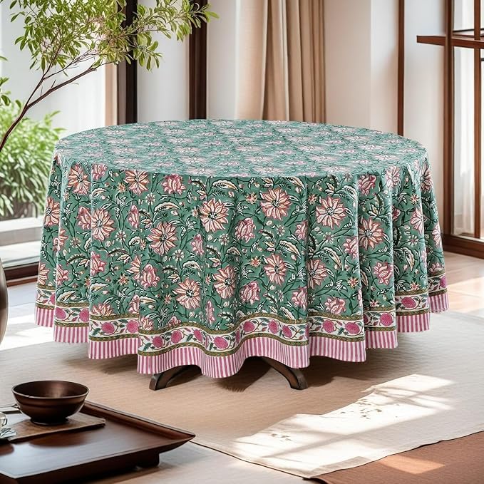 Ridhi Round Tablecloth Hand Block Print 100% Cotton Reusable Virdian Green 110 Inch Table Cover Decorative Everyday Use for Dining, Home, Party, Wedding, Farmhouse, Party Gift for Spring, Mother's Day