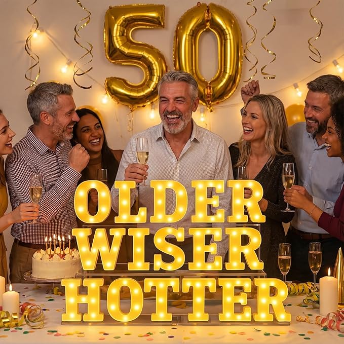 Honoson 16 Pcs Older Wiser Hotter Lights up Sign 6.5 Inch Birthday Party Decorations LED Letter Lights Sign Table Decoration for Women 30th 40th 50th 60th 70th 80th Party Birthday Supplies Decorson