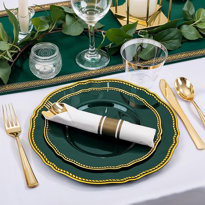Hioasis 350pcs Green Gold Plastic Plates - Gold Plastic Dinnerware Set Includes 50 Dinner Plates, 50 Dessert Plates, 50 Gold Utensils, 50 Napkins Perfect for Wedding