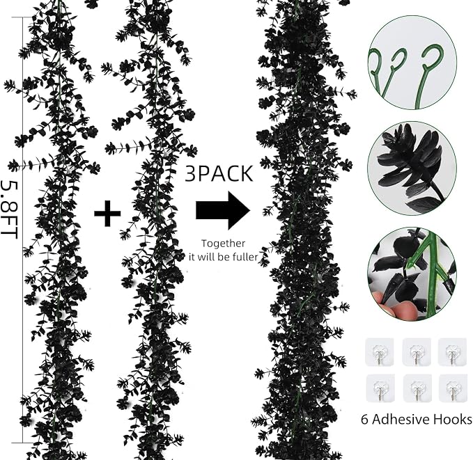 RECUTMS Black Artificial Flowers Black Eucalyptus Garlands Spring Garland Greenery Vines with Flowers Fake Floral Greenery for Halloween Home Backdrop Wall Fall Decor
