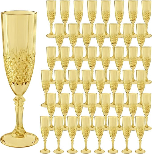 Plastic Champagne Flutes, Champagne Glasses Bulk, Reusable Unbreakable Acrylic Wine Glasses Goblets for Weddings Bachelor Parties Toasting Bridal Shower (48, Gold)