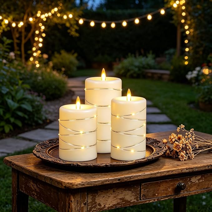 Da by 3 Pack Ivory Flameless Taper Candles, Realistic Flickering LED Candles with Surrounding Fairy String Lights, Heat Resistant ABS Battery Candles with Remote for Indoor Outdoor Decor