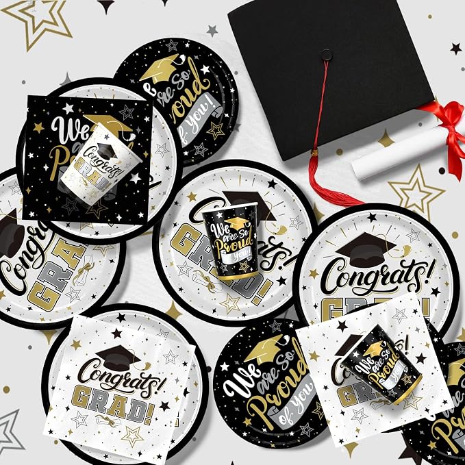 Graduation Decorations 2026 Black and Gold Grad Party Supplies with Disposable Plates, Napkins, Tablecloth, Cups and Congrats Grad Banner for 24 Guests - Graduation Party Decorations