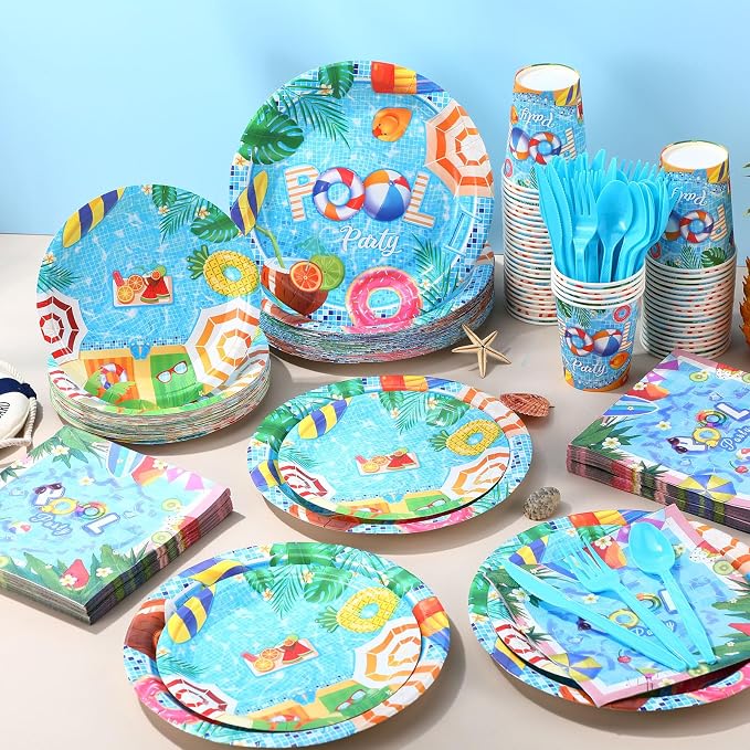 Funnymoom 400 Pcs Pool Party Supplies for 50 Guests Summer Pool Disposable Plates Napkins Cups Spoons Forks Knives for Birthday, Baby Shower, Beach, Summer Themed Party Decorations