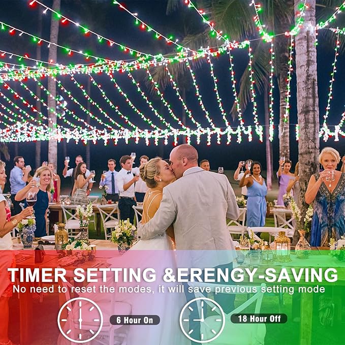 120 LED Christmas Lights Outdoor, 40 FT String Lights for Outside Waterproof, 8 Modes Plug in Fairy Twinkle Lights for Indoor Patio Yard Tree Christmas Halloween Decorations, Red White&Green
