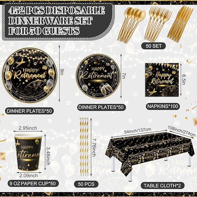 Potchen 452 Pcs Party Supplies Serve 50 Guests, Paper Plates Napkins Cups Cutlery Plastic Tablecloth Dinnerware for Birthday Wedding Party Decoration (Black Gold, Happy Retirement)