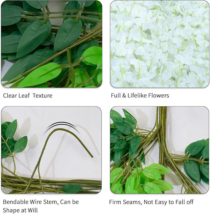 48 Pack Artificial Wisteria Hanging Flowers Fake Wisteria Flower Silk Vines Rattan Decor for Home Wedding Arch Wall Garden Greenery Bedroom Outdoor Office Party Decoration (White)