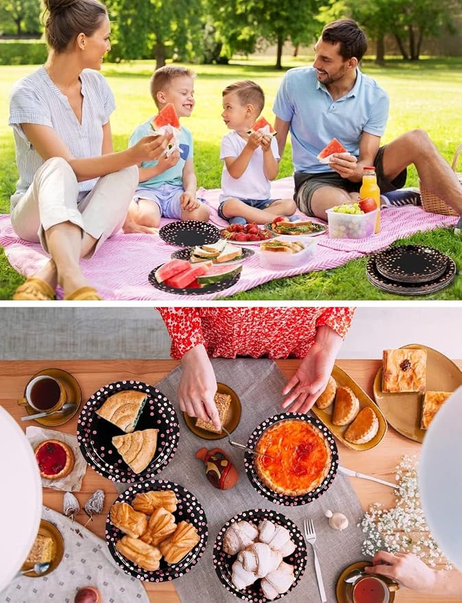 Nkaiso 141 Pieces Black and Rose Gold Party Supplies, Disposable Party Decorations Sets Include Paper Plates Napkins Cups, Plastic Forks Knives Spoons, for Baby Shower Birthday Wedding -20 Guests
