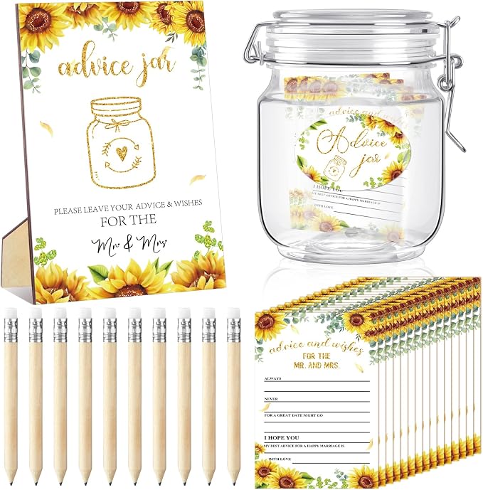 Jetec 74 Pcs Advice and Wishes for the Mr and Mrs 60 Pcs Wedding Advice Cards Advice and Wishes Jar Box Bridal Shower Advice and Wishes Cards for Bride and Groom Bridal Shower Decor(Sunflower)