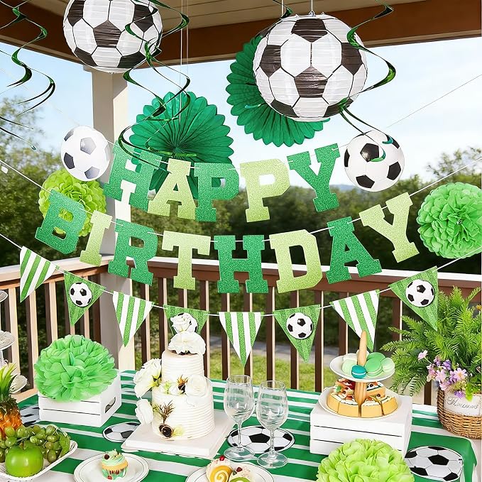 OBBOLO Soccer Birthday Party Decorations, Pre-Strung Soccer Birthday Banners, Including 2 Soccer Ball Paper Lanterns, Green Paper Fans and Pompoms for Boys Birthdays, Sports Party Decorations