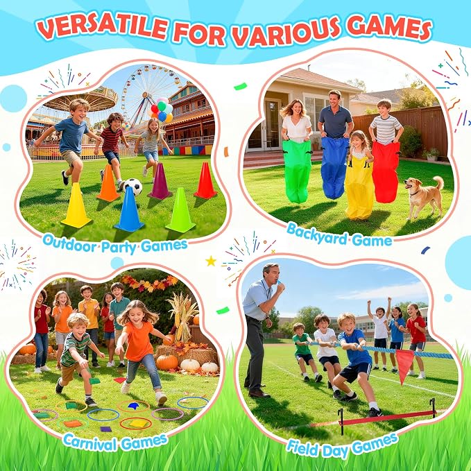 77 Pcs Potato Sack Race Bags, 8-in-1 Outdoor Carnival Games for Kids and Adults, Bean Bags Ring Toss, Tug of War Rope, Megaphone, Field Day Games for Lawn, Backyard, School, Birthday, Family, Beach