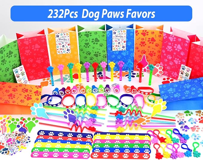 PLOUGVI 232Pcs Paw Print Party Favors Supplies Decorations for for Kids Birthday Blue Puppy Theme Birthday Party Favors Goodie Bag Stuffer Pinata Filler Birthday Gifts