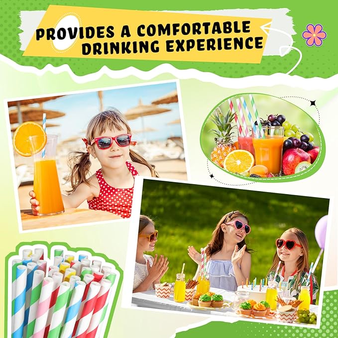 Eaasty 500 Pack 12 Inch Extra Long Paper Straws Bulk Disposable, 8 mm Wide Stripe Straws in 5 Colors, 100% Biodegradable, Non-soggy Paper for About 40oz Tumblers Smoothies Tall Drinks