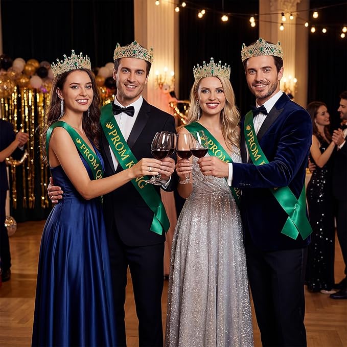 Retrowavy 4 Pcs Prom King and Queen Crown Set with Sashes Prom King Queen Sash and Tiara Set for 2026 Grad Birthday Carnival Wedding Costume Accessories(Dark Green)