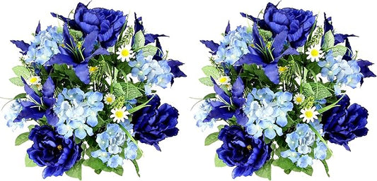 Admired by Nature 2pcs of 24 Stem Artificial Roses Carnation Mixed Bush Spring Faux Flower Arrangement for Outdoor & Indoor Wedding Home Decoration, Cemetery Decorations for Grave, Blue