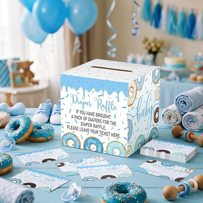 Teling 51 Pieces Diaper Raffle Tickets with Card Box Baby Shower Decorations Gender Reveal Holder Box for Girl Boy Diaper Raffle Party (Baby Boy Sprinkle)