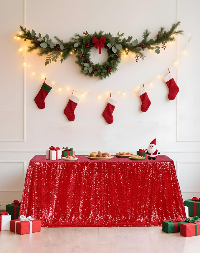 Eternal Beauty Red Tablecloth, 60x102 Inch Sequin Christmas Rectangle Table Cover for Mother's Day Cake Dessert Exhibition Party Birthday Events