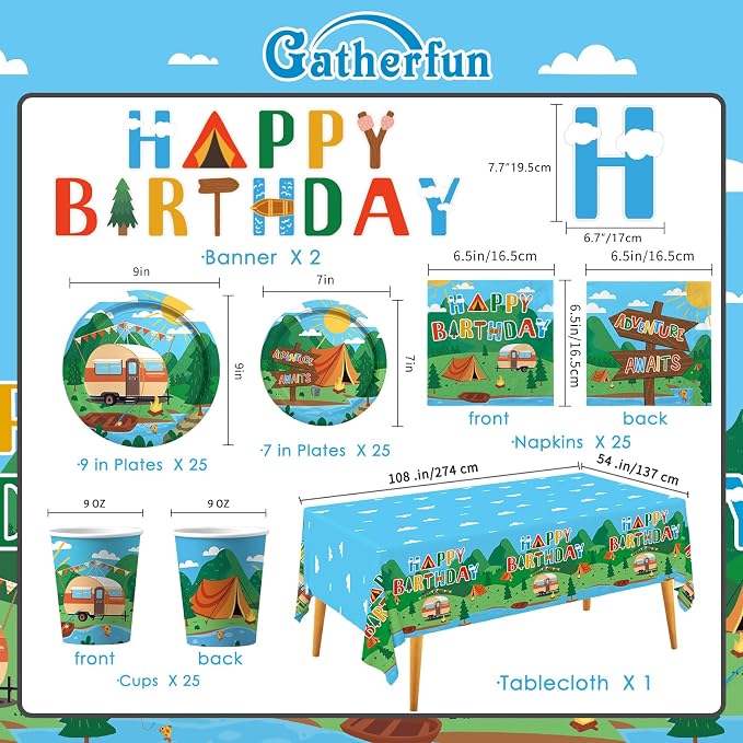 Happy Camper Birthday & Camping Party Decorations Set - Serves 25 with Disposable Plates, Cups, Napkins, Tablecloth & Banner, 1st Birthday, Camping Themed Events & Wedding Parties