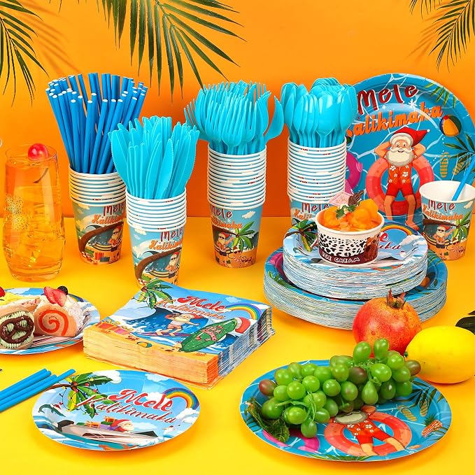 Weewooday 400 Pcs Christmas Tableware Disposable Set Mele Kalikimaka Decorations July Summer Christmas Paper Plates Cups Napkin Plastic Knife Spoon Fork Straw for Kalikimaka Hawaiian Party Supplies