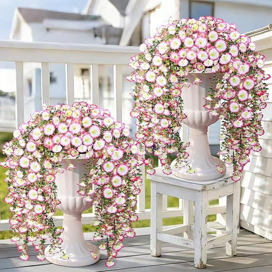 Artificial Hanging Flowers for Outdoors, 4 PCS 600 Blooms UV Resistant Morning Glory Faux Silk Vines, No-Odor Realistic Fake Plants for Garden Planter Porch Patio Decoration, Pink