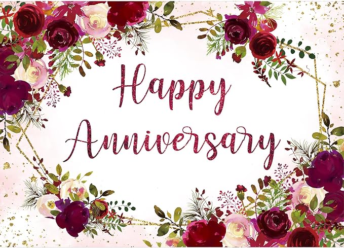 Happy Anniversary Backdrop 8Wx6H Feet Polyester Fabric Elegant Burgundy Floral Watercolor Rose Plant Green Leaves Gold Glitter Decoration Romantic Photography Background Photo Shoot Props