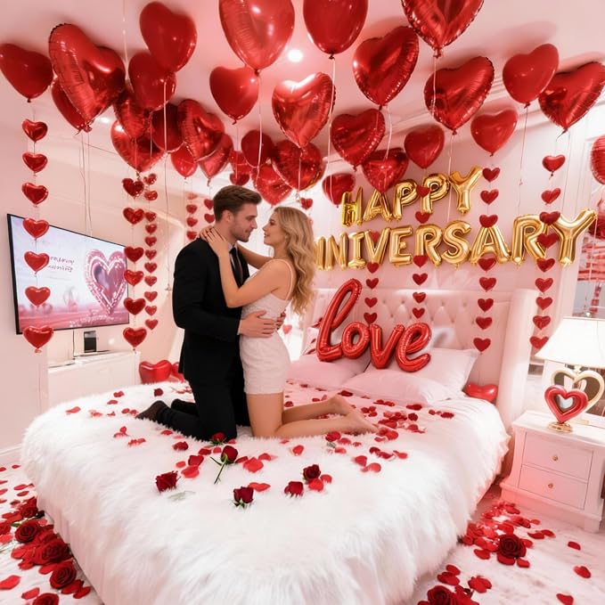 Anniversary Decorations Kit - 1000 Artificial Rose Petals & Red Heart Foil Balloons Set with Love Banner - Romantic Room Decor for Wedding Night, Proposal & Couples Special Events