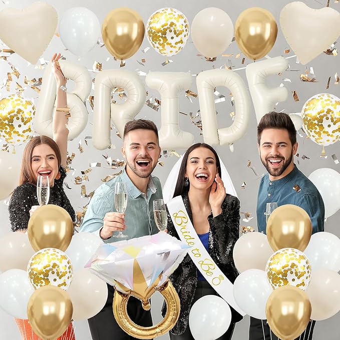 Vlipoeasn 39PCS Bachelorette Party Decorations Kit, Sand White Bride to Be Party Decorations, Bride to Be Sash & Veil, Tattoo Sticker, Foil Curtains, Balloons, Bridal Shower Party Supplies