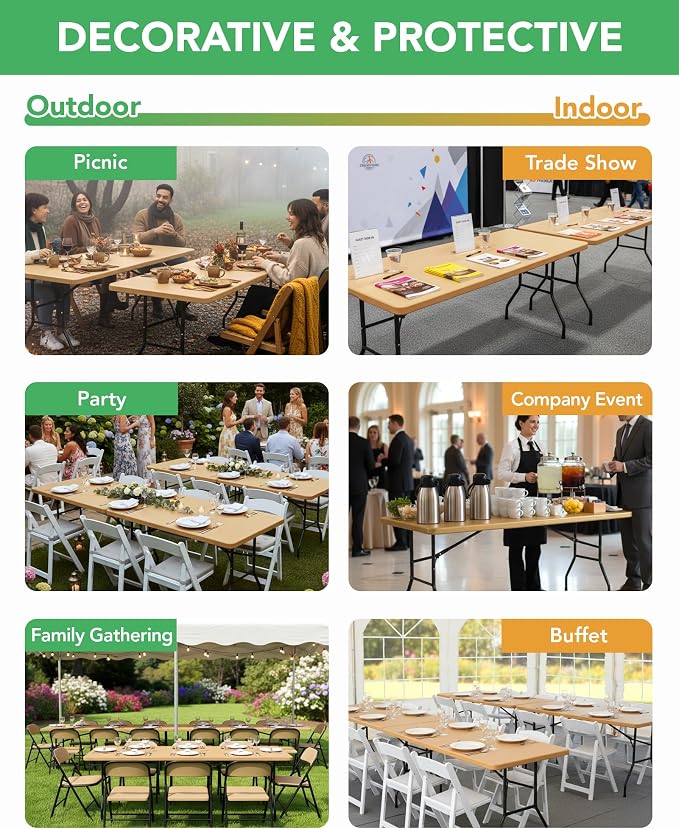 KeyWave Fitted Tablecloth Rectangle Table Cloths - 6 Pack 6 Foot Elastic Stretch Folding Table Top Cover Water-Resistant Reusable for Outdoor Picnic Camping Party Event, Stamping Gold, 72" L x 30" W