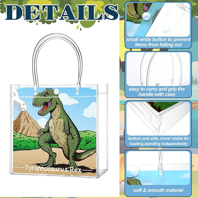 Teenyyou 24 Pcs Dinosaur Clear Gift Bags with Handles Cute Dinosaur Party Favor Candy Snack Treat Bags for Birthday Baby Shower Dino Theme Party Supplies
