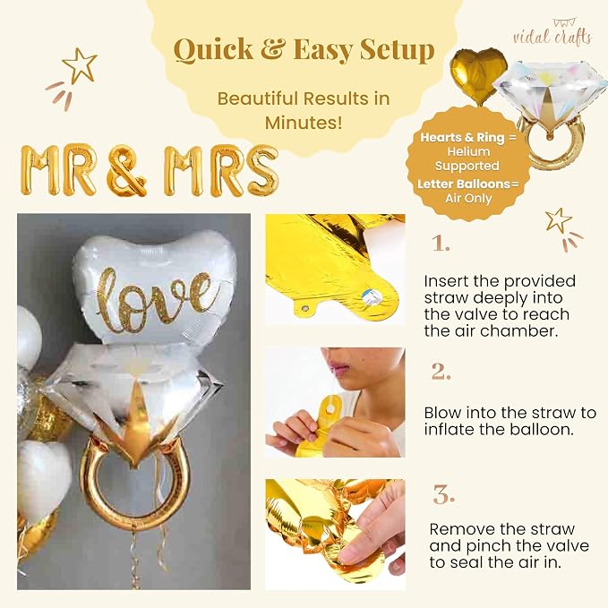 VIDAL CRAFTS Gold Engagement Party Decorations - White & Gold Decor with Engaged Banner, Mr and Mrs Balloons, Latex Heart Confetti Balloons, Engagement Ring Balloon