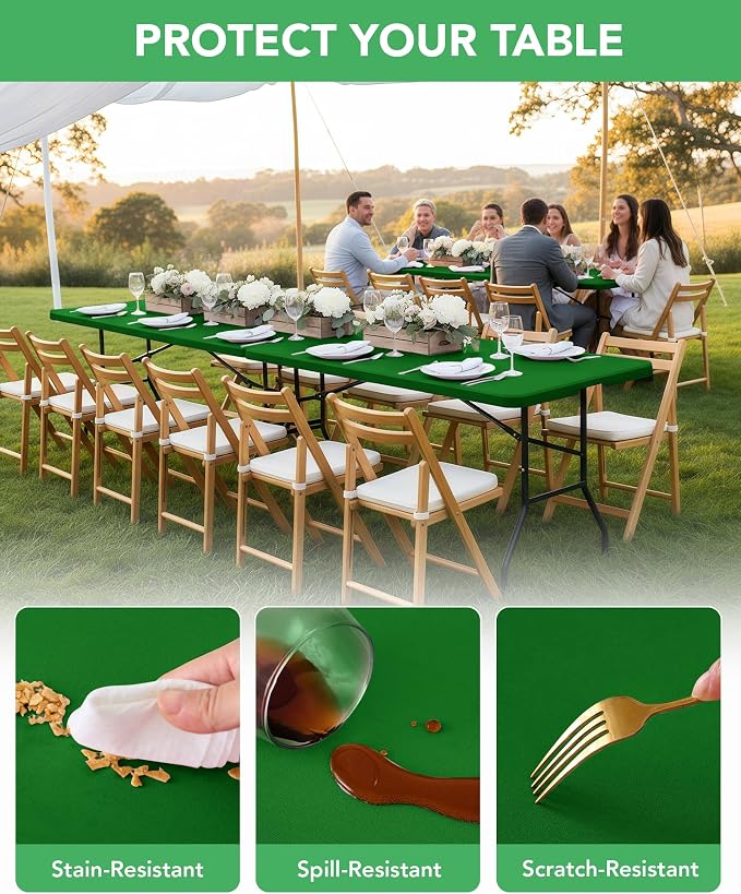 KeyWave Fitted Tablecloth Rectangle Table Cloths - 6 Pack 8 Foot Elastic Stretch Folding Table Top Cover Water-Resistant Reusable for Outdoor Picnic Camping Party Event, Green, 96" L x 30" W