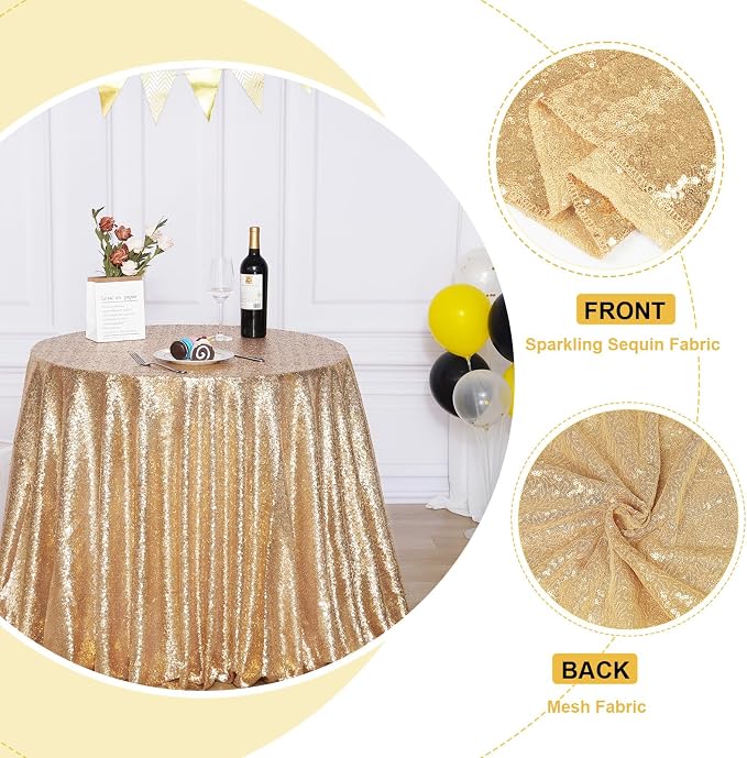 Poise3EHome 132-Inch Round Sequin Tablecloth for Party Cake Dessert Table Exhibition Events, Light Gold