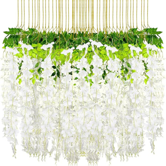 Yunsailing 108 Pack 43.2 in/ 3.6 ft Artificial Fake Wisteria Hanging Flowers Wisteria Faux Flowers Garland Silk Vine Rattan Long Hanging Flowers String for Home Outdoor Wedding Party(Milky)