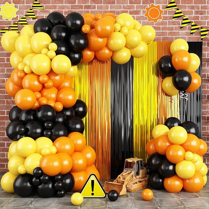 Construction Balloon Garland Arch Kit Birthday Party Decorations Supplies, Yellow Orange Black Foil Fringe Curtains Backdrop Tinsel Streamer Photo Booth Props Truck Car Themed Party Decor
