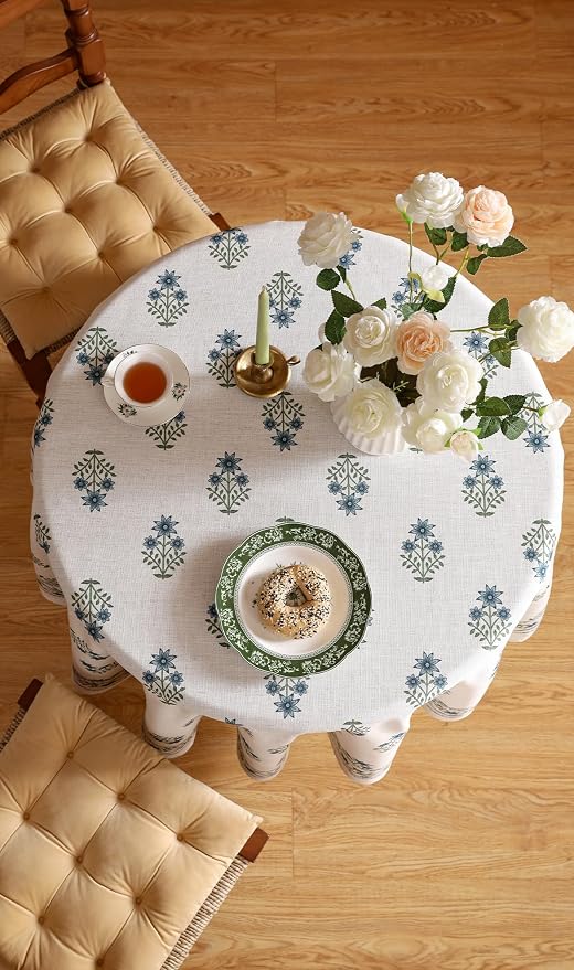 ISAENNE Designer French Linen Round Tablecloth,Diameter 55"-Mosella F | Vintage Elegant Table Cloth for Round Table,Floral Pattern,Durable,Heavyweight,Dining Room,Kitchen,Thanksgiving,Decor