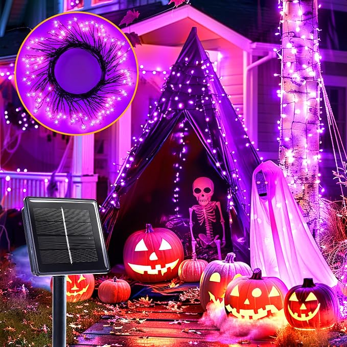 Halloween Solar String Lights Outdoor Waterproof, 19.6Ft 240 LED 8 Modes | Solar Fairy Lights Halloween Lights Outdoor, Waterproof Twinkle Firecracker Light for Patio Yard Trees, Purple
